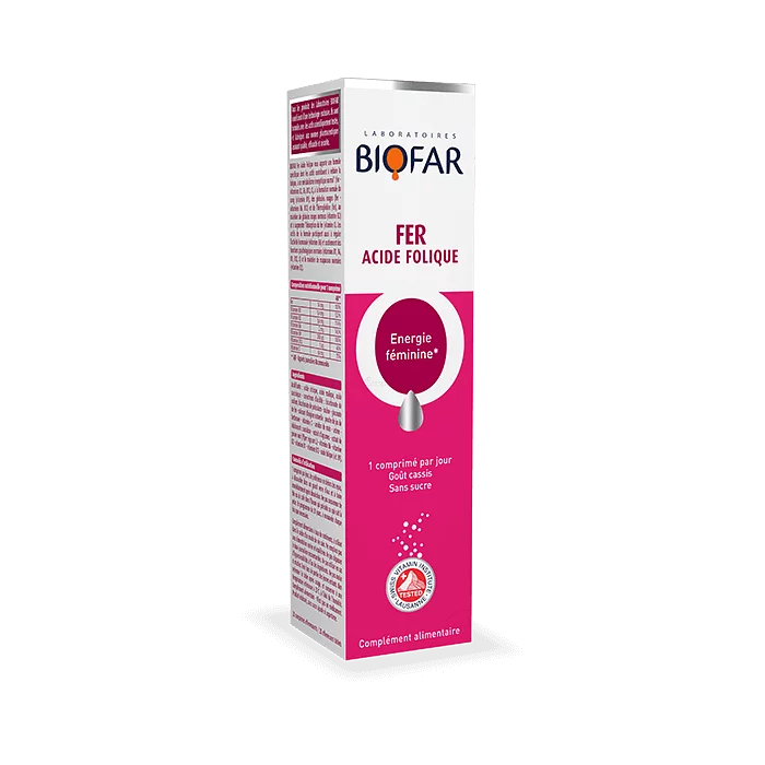 BIOFAR FER ACIDE FOLIQUE ENERGIE FEMININE BOITE DE 20 COMPRIMES EFFERVESCENTS