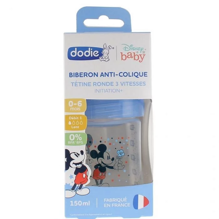 DODIE BIBERON INITIATION 150ML MICKEY BLEU 0-6MOIS TETINE RONDE D3