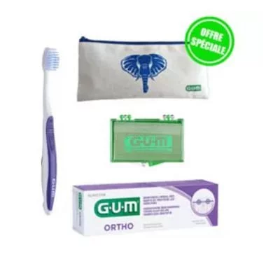 GUM PACK DENTIFRICE ORTHODONTIQUE 75ML REFERENCE 3080 + BROSSE A DENTS REFERENCE 124 + CIRE DE PROTECTION REFERENCE 723