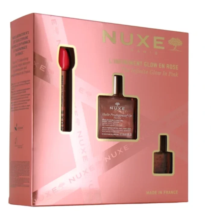 NUXE L'INFINIMENT GLOW EN ROSE COFFRET HUILE PRODIGIEUSE OR FLORALE 50ML + HUILE PRODIGIEUSE FLORALE 10ML + SERUM LEVRES REPULPANT VERY ROSE 8ML
