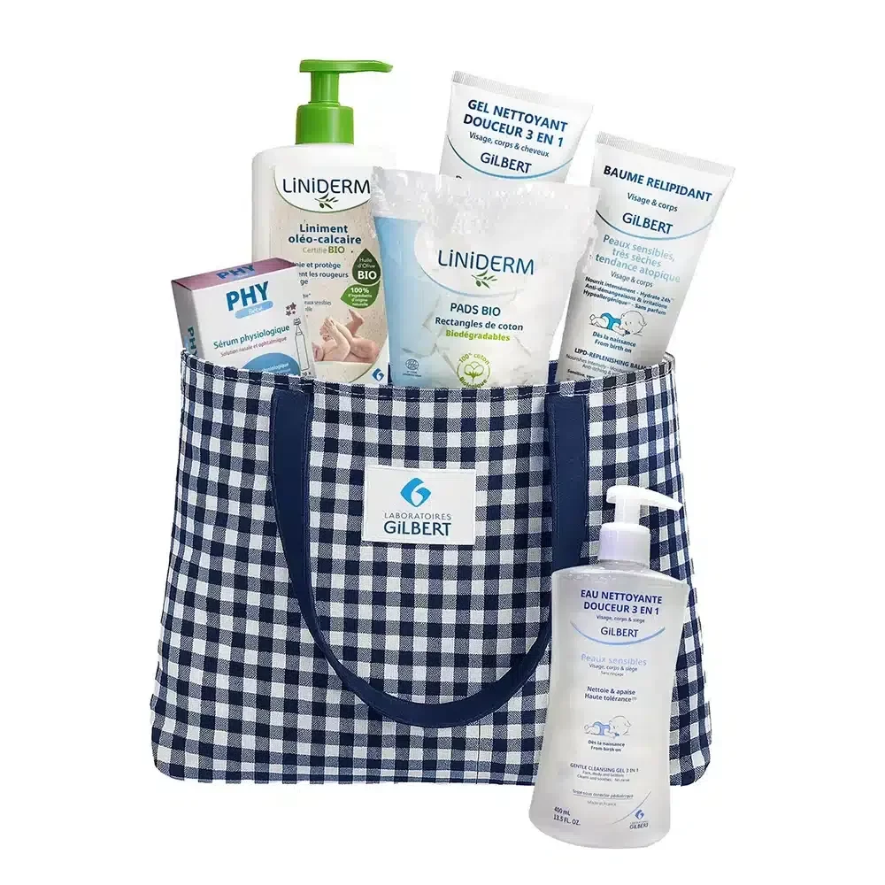 GILBERT SAC LINIDERM LINIMENT OLEO-CALCAIRE 480ML + GEL NETTOYANT DOUCEUR 3EN1 200ML + BAUME RELIPIDANT 200ML + CARRES DE SOINS B100 + EAU NETTOYANTE DOUCEUR 3EN1 200ML + LINIMENT OLEO-CALCAIRE 100ML