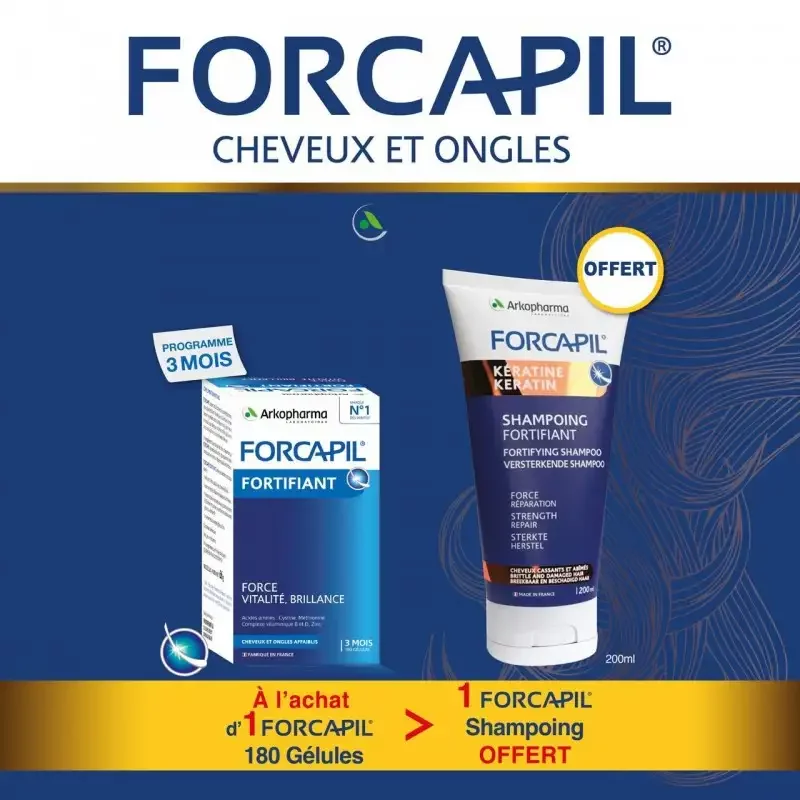 FORCAPIL PACK CHEVEUX ET ONGLES BOITE DE 180 GELULES + FORCAPIL SHAMPOOING FORTIFIANT 200ML