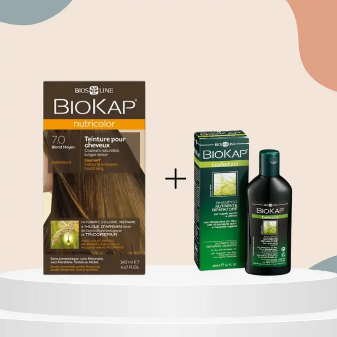 BIOKAP PACK NUTRICOLOR N7.0 BLOND MOYEN NATUREL + BELLEZZA SHAMPOOING NUTRIENTE RIPARATORE 100ML OFFERT