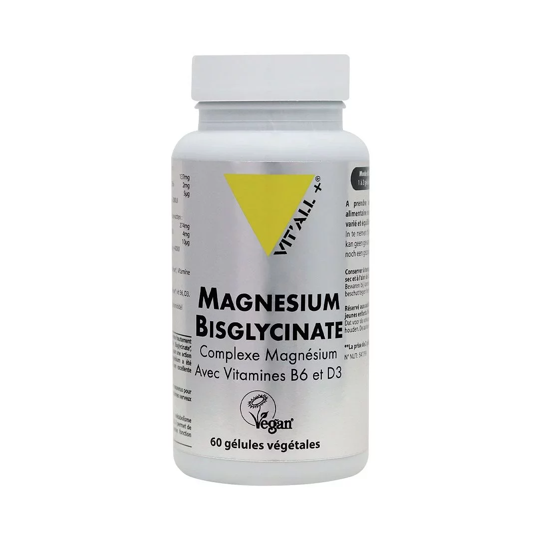 VITALL+ MAGNESIUM BISGLYCINATE COMPLEXE AVEC VITAMINES B6 ET D3 BOITE DE 60 GELULES