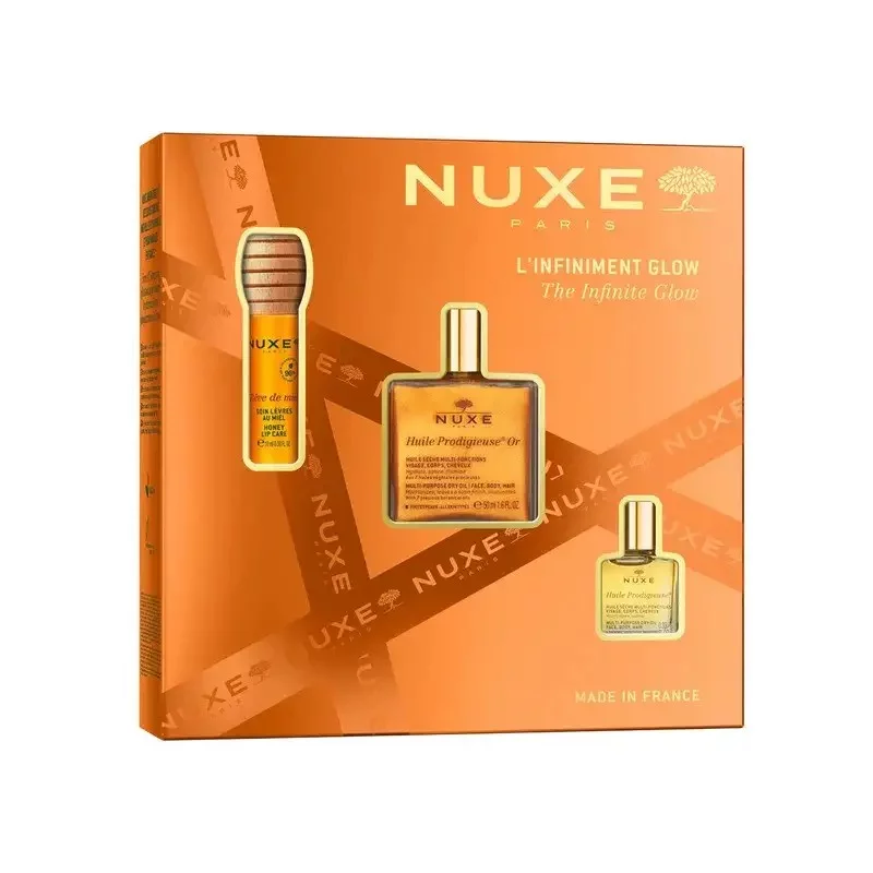 NUXE COFFRET HUILE PRODIGIEUX OR 50ML + REVE DE MIEL 10ML + ROLL AND GLOW 10ML
