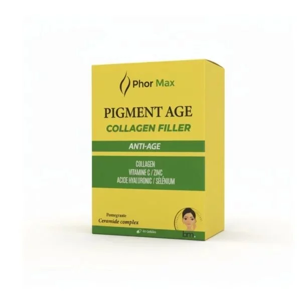 PHOR MAX PIGMENT AGE COLLAGEN FILLER ANTI-AGE COLLAGEN VITAMINE C ZINC ACIDE HYALURONIC SELENIUM BOITE DE 60 GELULES