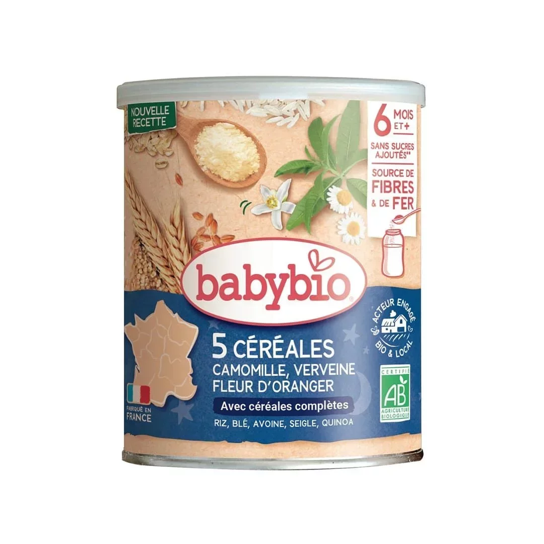BABYBIO 5 CEREALES VERVEINE CAMOMILLE FLEUR D'ORANGER 220G