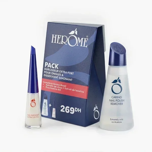 HEROME PACK DISSOLVANT SOIGNANT 120ML + DURCISSEUR EXTRA FORT POUR ONGLES 10ML 