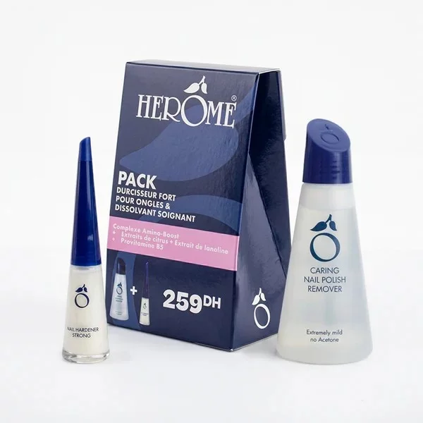 HEROME PACK DISSOLVANT SOIGNANT 120ML + DURCISSEUR FORT POUR ONGLES 10ML 