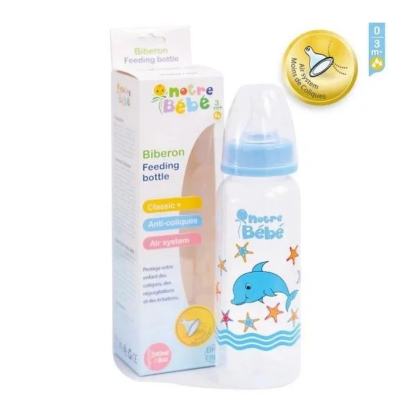 NOTRE BEBE BIBERON FEEDING BOTTLE AVEC POIGNEES COULEUR ROSE +3MOIS 240ML