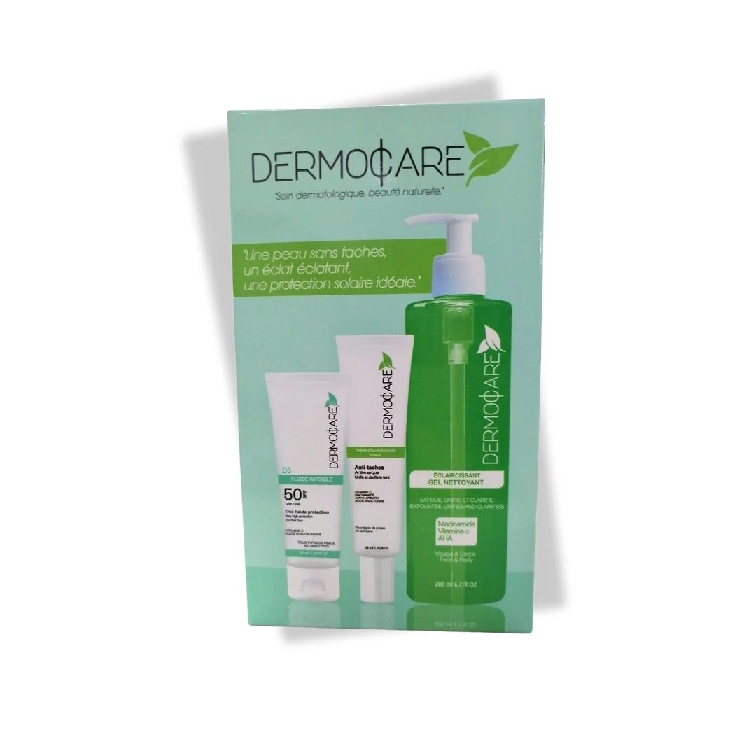 Dermocare Pack Gel Nettoyant Eclaircissant 200ml + Creme Anti-tache 40ml + Ecran Fluide Invisible Spf50+ 50ml