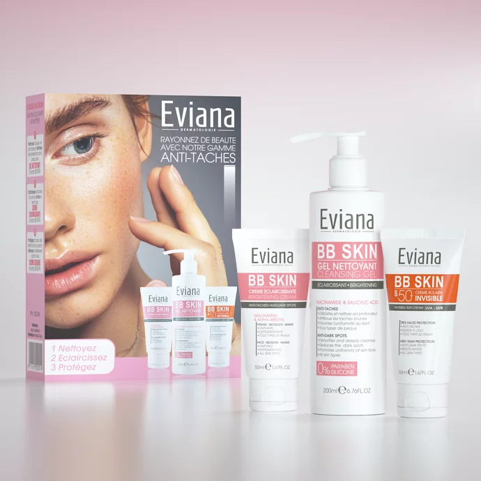 Eviana Pack Bb Skin Creme Eclaircissante 50ml + Bb Skin Gel Nettoyant Eclaircissant 200ml + Bb Skin Creme Solaire Spf50+ 50ml