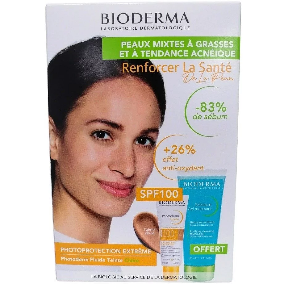 Bioderma Coffret Photoderm Teinte Claire Spf100 40ml + Sebium Gel Moussant 100ml Offert