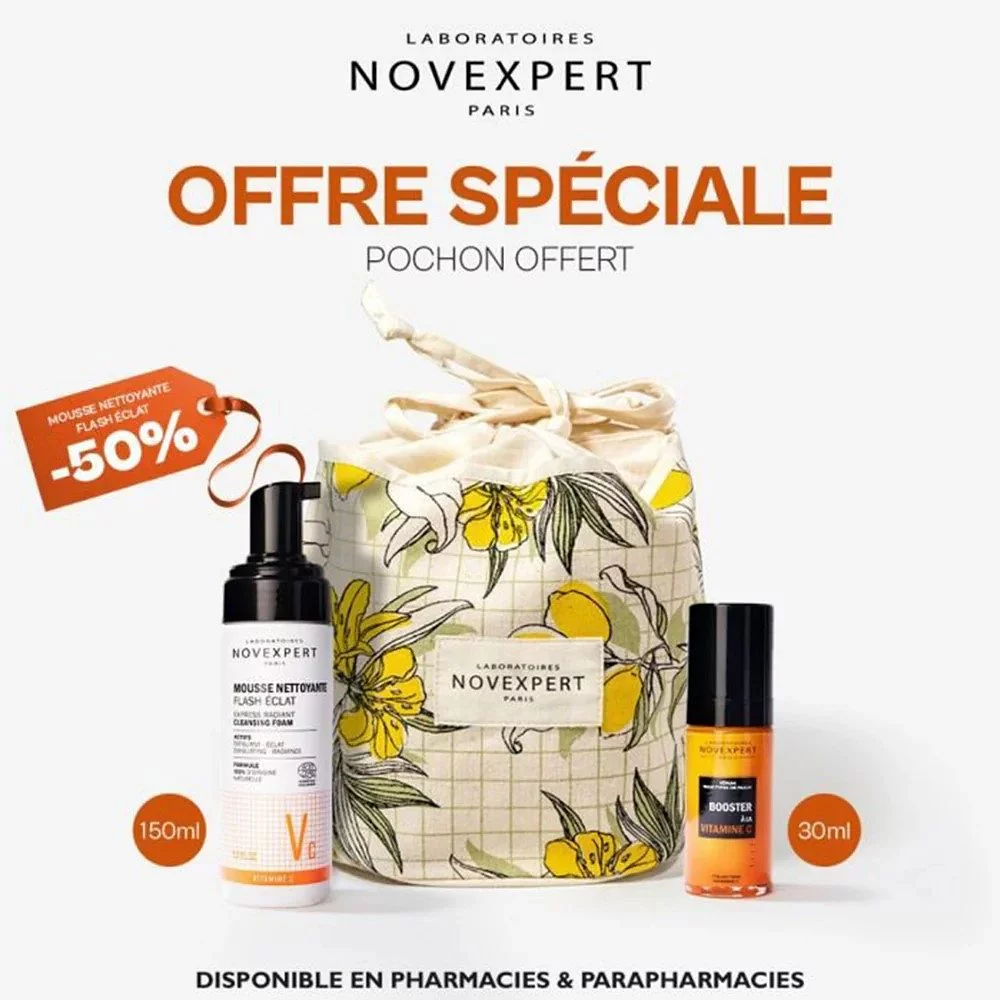NOVEXPERT PACK  BOOSTER À LA VITAMINE C 30ML + FLASH ECLAT MOUSSE NETTOYANTE 150ML + TROUSSE OFFERT 