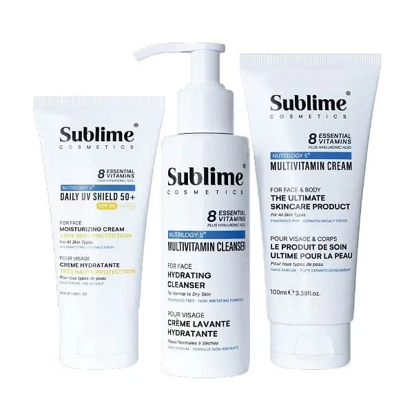 SUBLIME COSMETICS DRY SKIN ESSENTIALS NUTRILOGY 5 PACK MULTIVITAMIN CLEANSER 100ML + MULTIVITAMIN CREAM 100ML + DAILY UV SHIELD 50+ SPF50 50ML