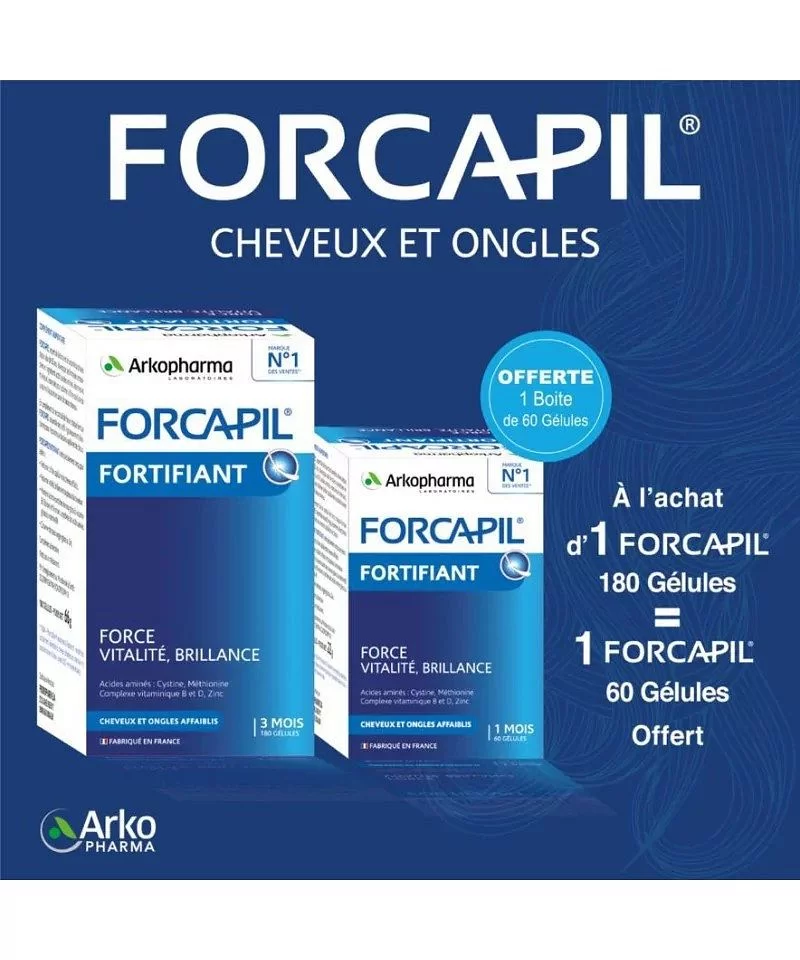 FORCAPIL FORTIFIANT FORCE VITALITE BRILLANCE BOITE DE 180 GELULES + FORCAPIL FORTIFIANT FORCE VITALITE BRILLANCE BOITE DE 60 GELULES OFFERT