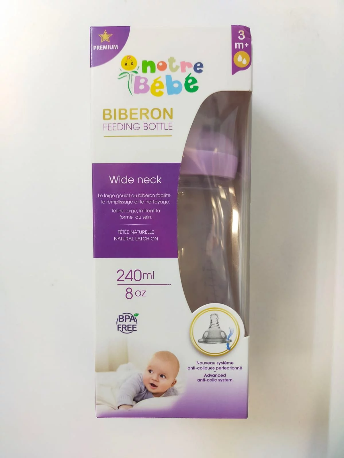 NOTRE BEBE BIBERON WIDE NECK SANS POIGNEE +3MOIS 240ML REFERENCE NB309