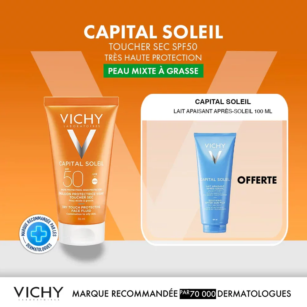 VICHY CAPITAL SOLEIL BB EMULSION TEINTE HALE NATUREL TOUCHER SEC PEAU SENSIBLE MIXTE A GRASSE SPF50 50ML+ APRES SOLEIL 100ML