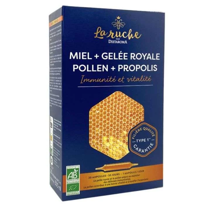DIETAROMA LA RUCHE MIEL + GELEE ROYALE POLLEN + POLLEN + PROPOLIS 15ML BOITE DE 20 AMPOULES