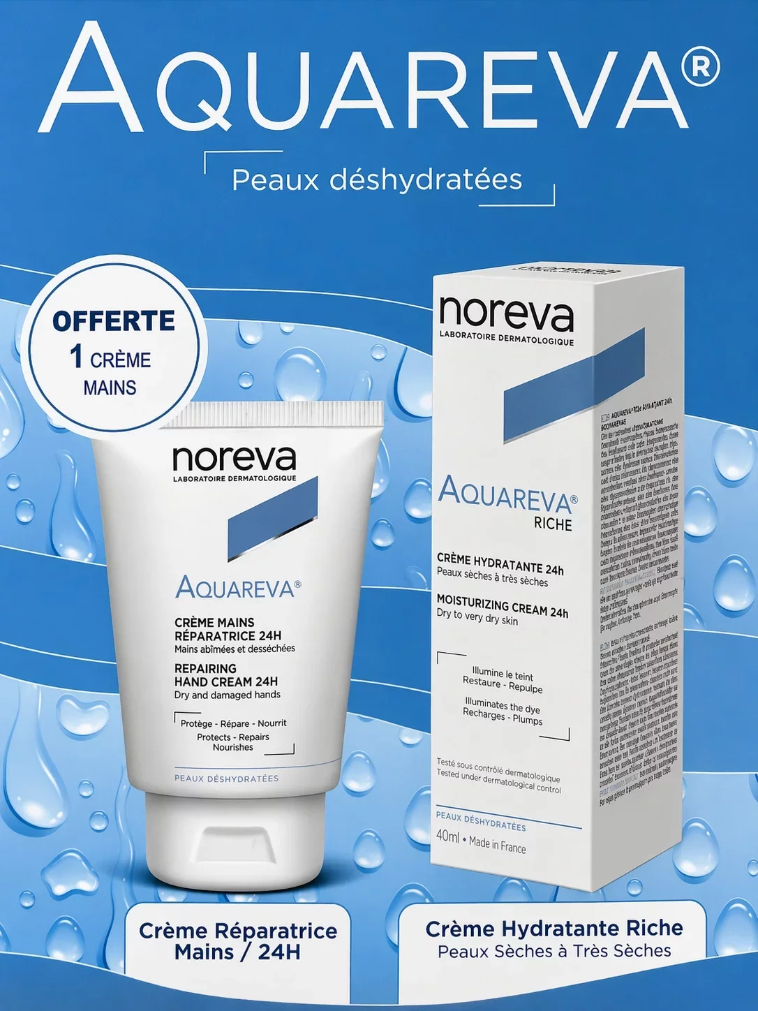 NOREVA AQUAREVA PACK CREME HYDRATANTE RICHE 40ML + CREME MAINS REPARATRICE 50ML