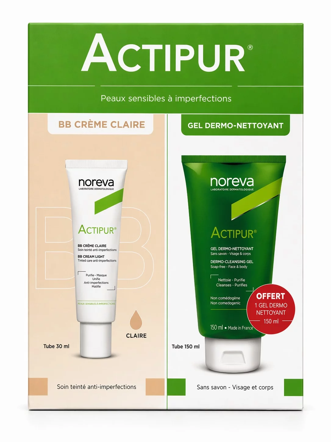 NOREVA PACK ACTIPUR BB CREME CLAIRE 30ML + ACTIPUR GEL DERMO-NETTOYANT 150ML OFFERT