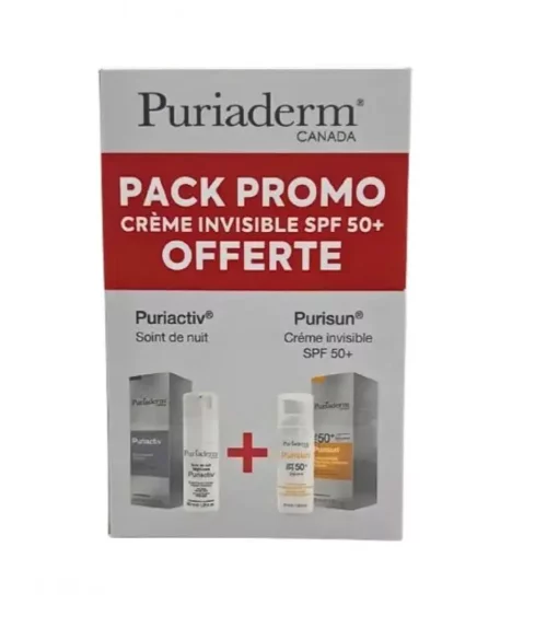PURIADERM PACK PURIACTIV SOIN NUIT 30ML + PURISUN ECRAN INVISIBLE SPF50+ 50ML