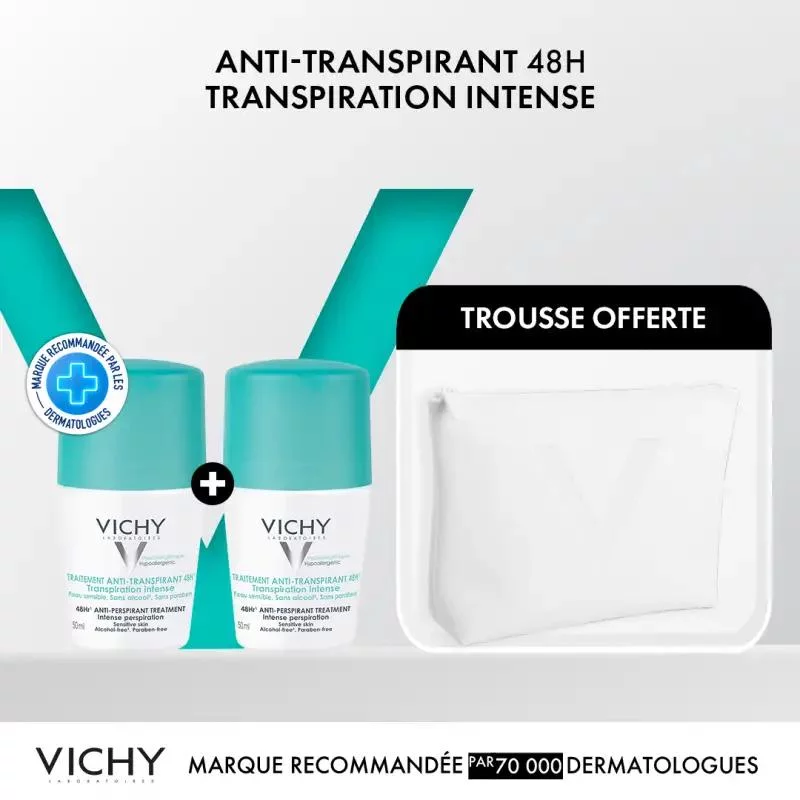 VICHY TRAITEMENT ANTI-TRANSPIRANT 48H TRANSPIRATION INTENSE ROLL-ON 50ML*2 BOITE DE 2