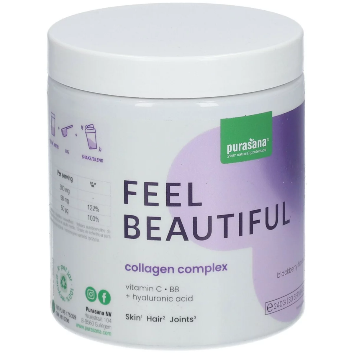 PURASANA FEEL BEAUTIFUL COLLAGEN VITAMINE C B8 ACIDE HYALURONIQUE 240G