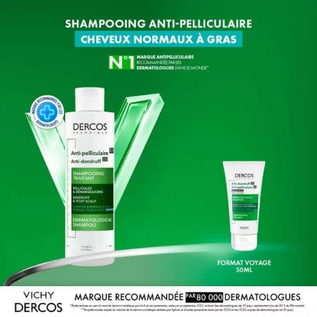 VICHY DERCOS SHAMPOOING ANTI-PELLICULAIRE DS CHEVEUX NORMAUX A GRAS 200ML + SHAMPOOING FORMAT VOYAGE OFFERT 50ML