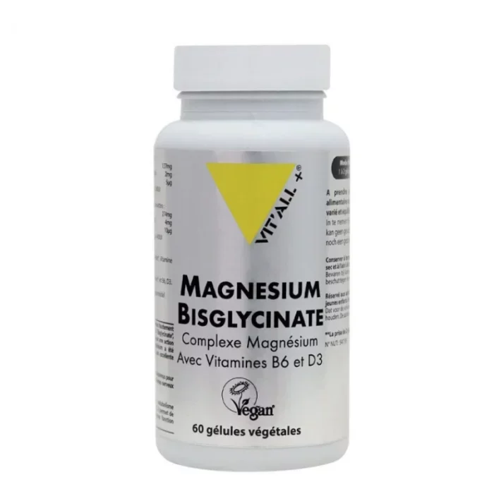 VITALL+ MAGNESIUM BISGLYCINATE COMPLEXE AVEC VITAMINES B6 ET D3 BOITE DE 60 GELULES