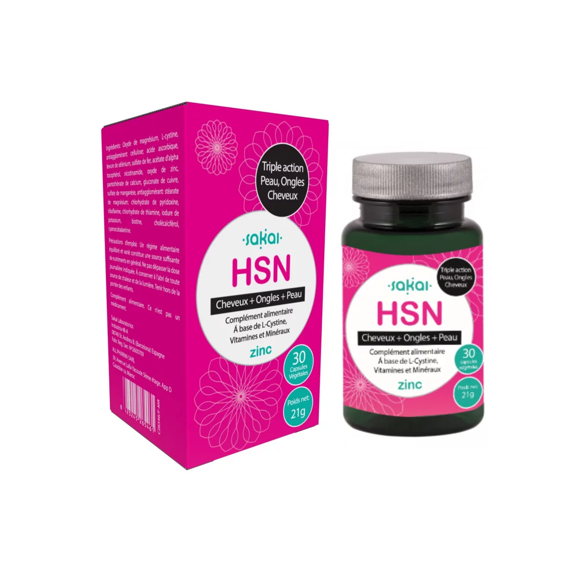 SAKAL HSN CHEVEUX + PEAU + ONGLES L-CYSTINE BIOTINE ZINC SELENIUM VITAMINES MINERAUX BOITE DE 30 CAPSULES