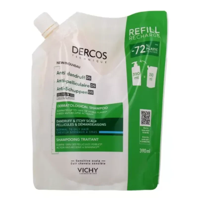 VICHY DERCOS ANTI-PELLICULAIRE SHAMPOOING TRAITANT CHEVEUX NORMAUX A GRAS ECO-RECHARGE 390ML