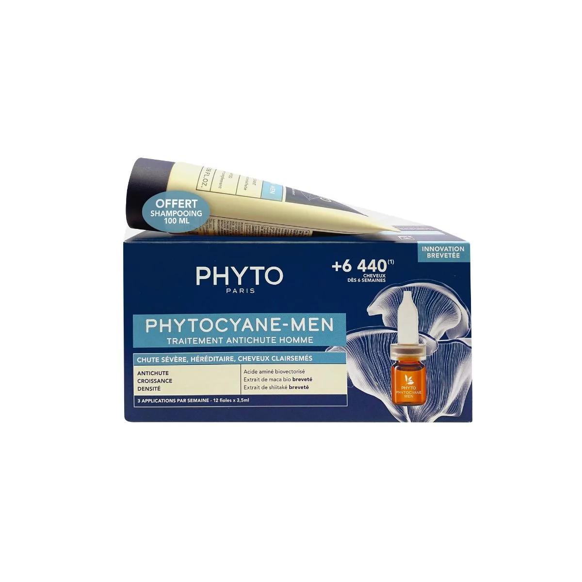 PHYTOCYANE MEN TRAITEMENT ANTI-CHUTE HOMME CHUTE SEVERE BOITE DE 12 AMPOULES + PHYTOCYANE MEN SHAMPOOING REVIGORANT 100ML