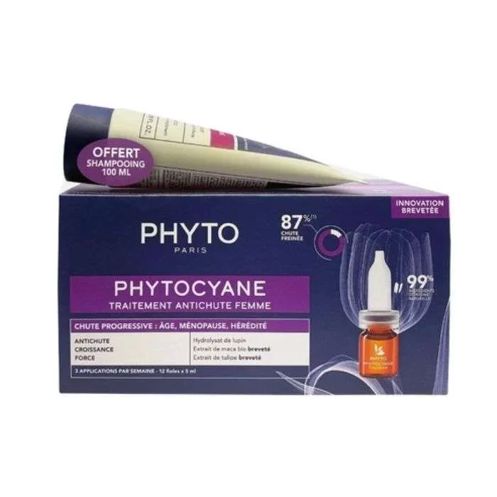 PHYTOCYANE TRAITEMENT ANTI-CHUTE FEMME CHUTE PROGRESSIVE 87% CHUTE FREINEE 12*5ML + PHYTOCYANE SHAMPOOING REVIGORANT 100ML OFFERT
