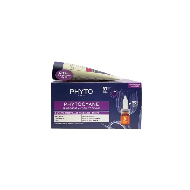 PHYTOCYANE TRAITEMENT ANTI-CHUTE FEMME CHUTE REACTIONNELLE 85% EFFICACITE 12*5ML + PHYTOCYANE SHAMPOOING REVIGORANT 100ML OFFERT