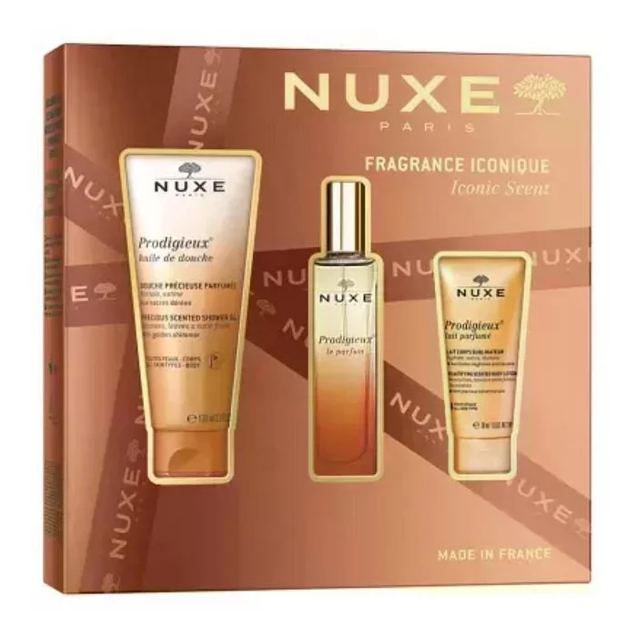 NUXE COFFRET FRAGRANCE ICONIQUE PRODIGIEUX HUILE DE DOUCHE 100ML + PRODIGIEUX LE PARFUM 30ML + LAIT PARFUMÉ LAIT CORPS SUBLIMATEUR 30ML