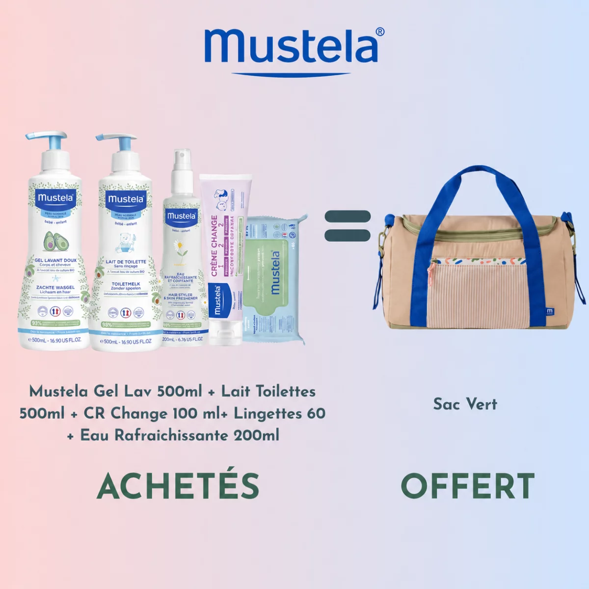 MUSTELA PACK GEL LAVANT 500ML + LINGETTES + CREME DE CHANGE 100ML + EAU RAFRAÎCHISSANTE 200ML + LAIT DE TOILETTE 500ML + SAC A LANGER PARAKEET