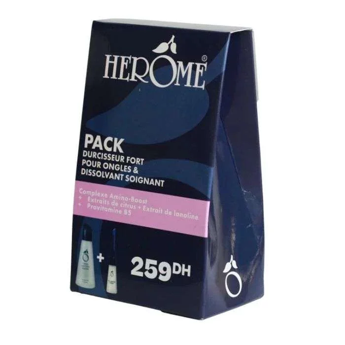 HEROME PACK DISSOLVANT SOIGNANT 120ML + DURCISSEUR FORT POUR ONGLES 10ML 