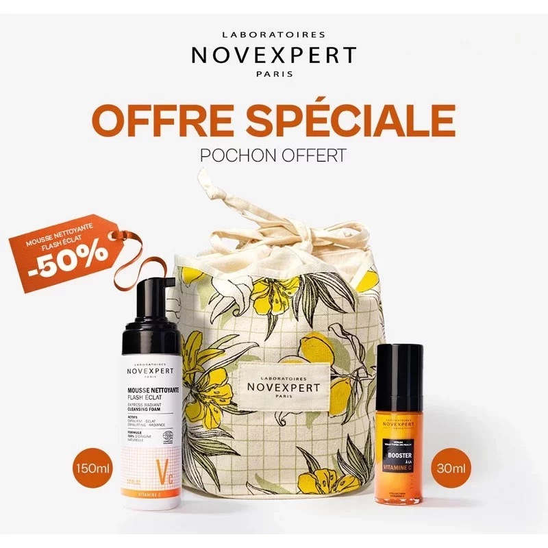 NOVEXPERT PACK  BOOSTER À LA VITAMINE C 30ML + FLASH ECLAT MOUSSE NETTOYANTE 150ML + TROUSSE OFFERT 