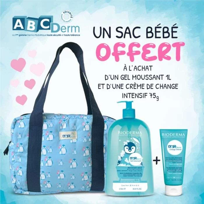 BIODERMA PACK ABCDERM GEL MOUSSANT 1L + CREME DE CHANGE + SAC BEBE