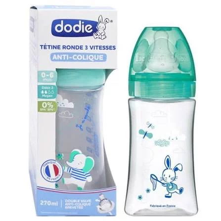 DODIE BIBERON INITIATION VERRE ANTI-COLIQUE VERT OISEAUX 0-6MOIS TETINE RONDE 3 VITESSES 270ML