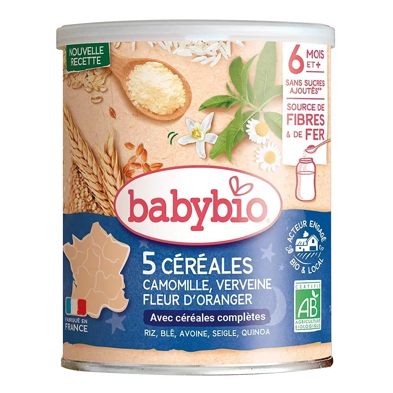 BABYBIO 5 CEREALES VERVEINE CAMOMILLE FLEUR D'ORANGER 220G