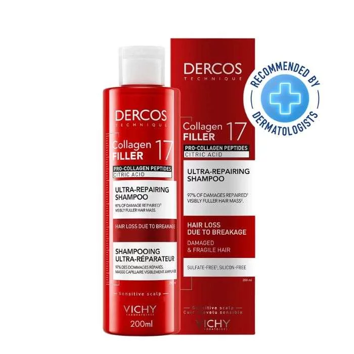 VICHY DERCOS COLLAGEN FILLER 17 PRO-COLLAGEN PEPETIDES CITRIC ACID SHAMPOOING ULTR-REPARATEUR CUIR CHEVELU SENSIBLE 200ML