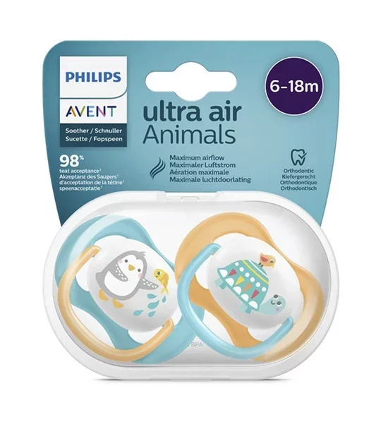 AVENT SUCETTE ULTRA AIR ANIMALS ORTHO 6-18MOIS BOY PENG/TURT REF SCF080/07 /UNITE
