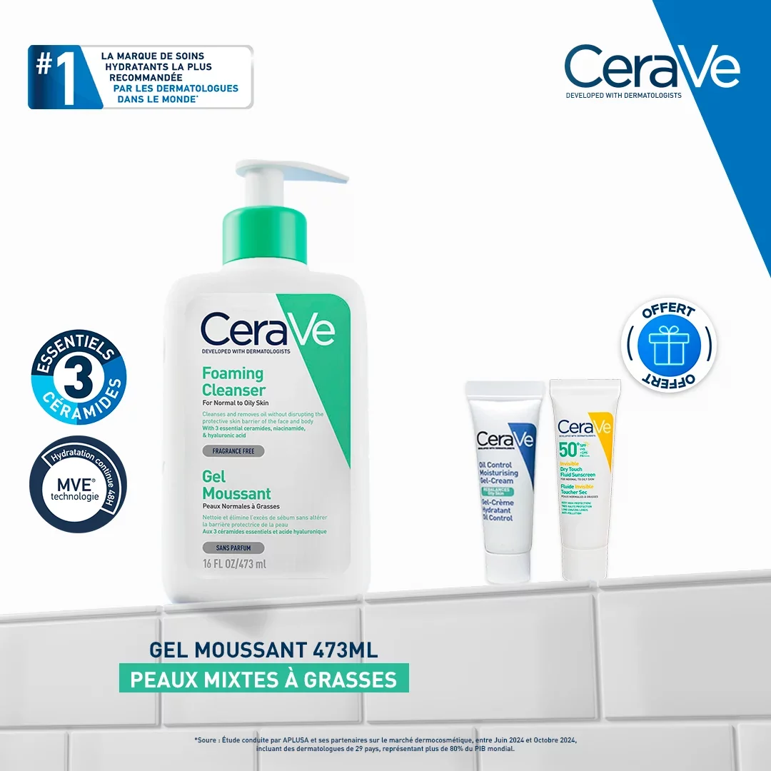 CERAVE PACK GEL MOUSSANT NETTOYANT PEAU NORMALE A GRASSE 473ML + OIL CONTROL 3ML + FLUIDE SPF50 3ML OFFERTS