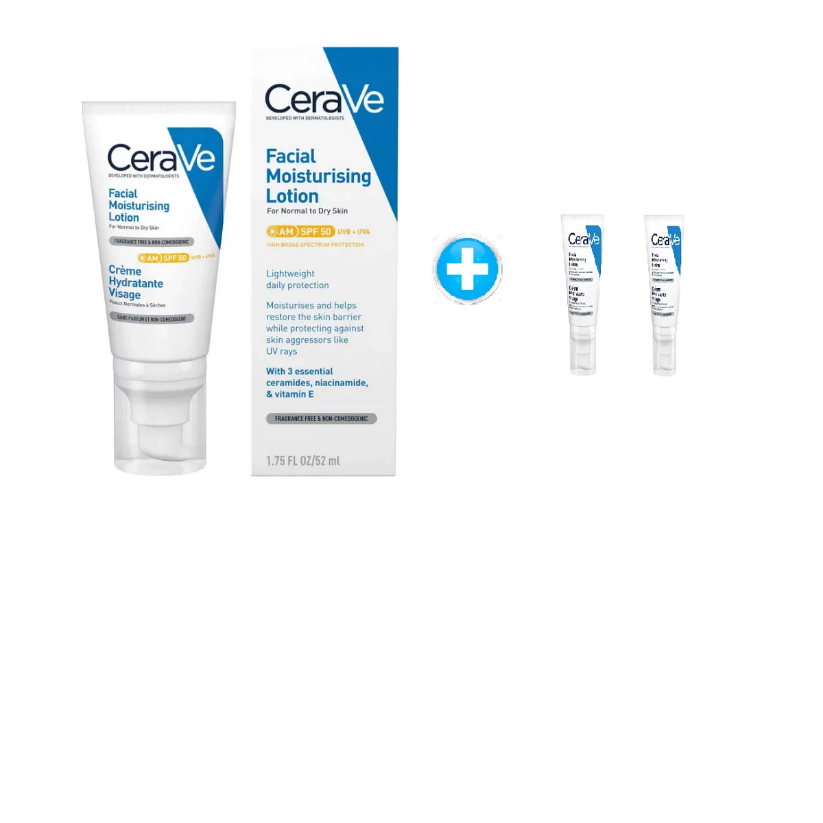 CERAVE PACK SLEVEE CREME HYDRATANTE SPF50 52ML + MINI CREME LAVANTE 3ML + MINI CREME HYDRATANTE 3ML