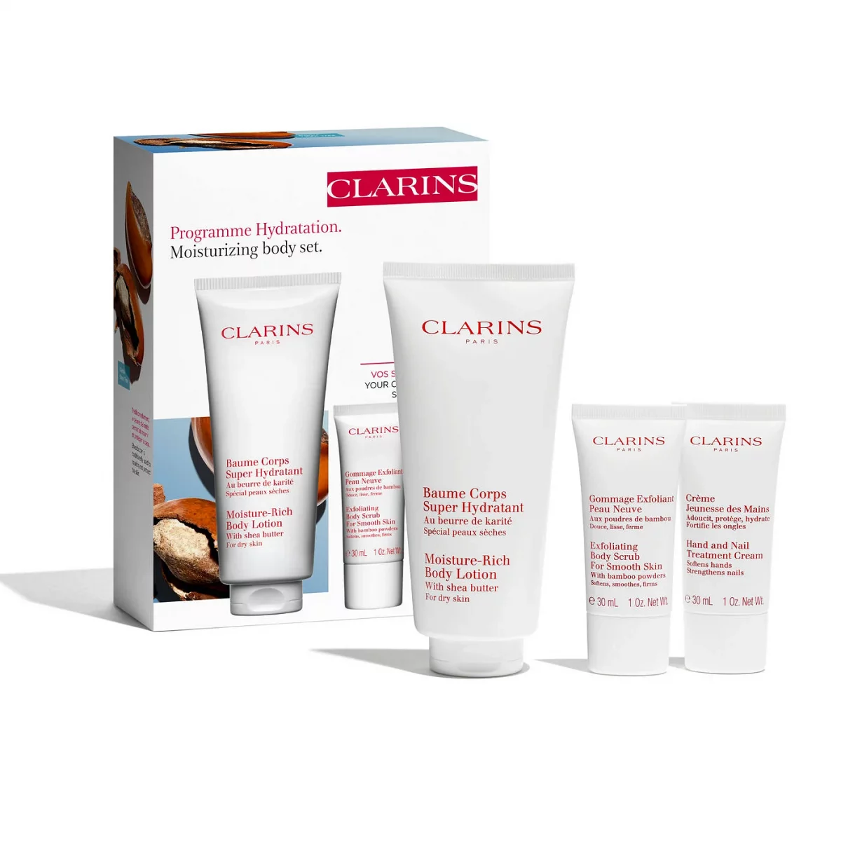 Clarins Coffret Baume Corps Super Hydratant 200ml + Gommage Exfoliant Peau Neuve 30ml + Creme Jeunesse Des Mains 30ml Ref 80097045