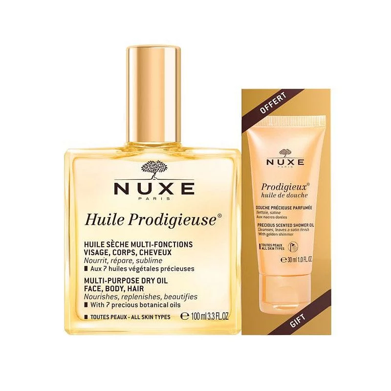 NUXE PACK HUILE PRODIGIEUSE HUILE SECHE MULTI-FONTIONS 100ML + PRODIGIEUX HUILE DE DOUCHE 30ML OFFERT