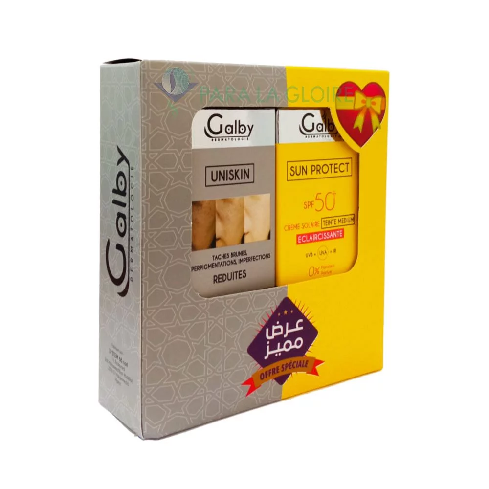 Galby Pack Savon Lait D'anesse 100g + Creme Solaire Teinte Medium Spf50+ 50ml + Uniskin Serum Concentre Nuit Eclaircissant 30ml