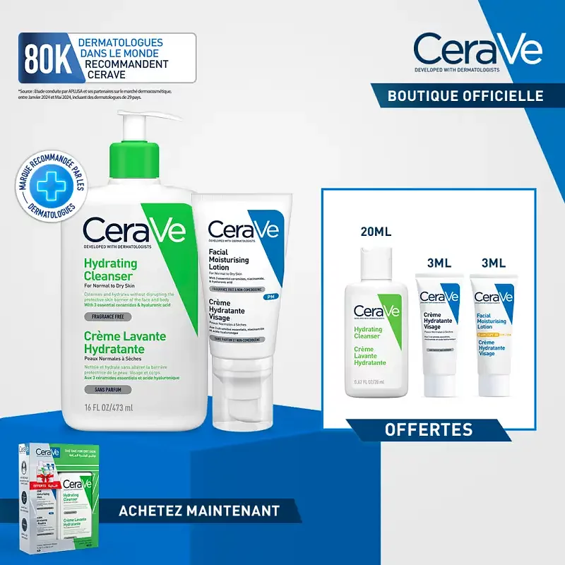 CERAVE PACK ROUTINE PEAUX NORMALES A SECHES CREME LAVANTE HYDRATANTE 473ML+ CREME HYDRATANTE VISAGE 52ML+ MINI CREME LAVANTE 20ML + CREME HYDRATANTE 3ML +CREME HYDRATANTE SPF50  3ML